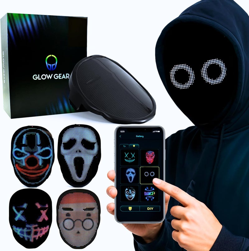 Pixel Stackers Glow Gear Face Transforming LED Mask App-Controlled Light Up Cosplay Mask with 115+ Animated Faces, Customizable LED Patterns, Rechargeable Battery Rave, Festival, Halloween, DJ Accessory - Image 1